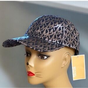 Michael Kors Monogrammed Black & Silver Metallic Baseball Cap Strap Back…
